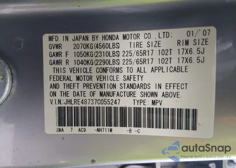 2007 Honda Cr-V Ex-L from USA, damaged, VIN JHLRE48737C055247